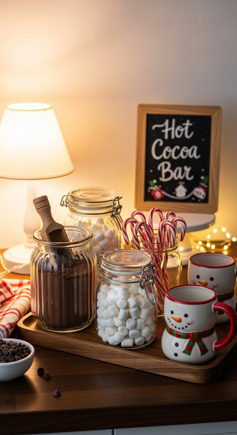 11 Cozy Christmas Kitchen Ideas That Feel Truly Magical 12 Hot cocoa station: mix, marshmallows, candy canes, snowman mugs on dark wood counter. Kitchen decor with warm lights.