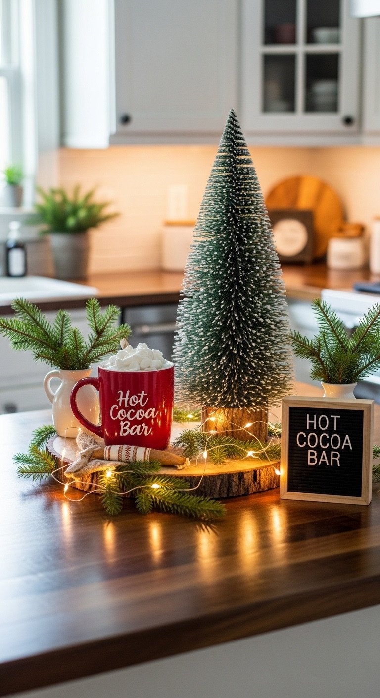 Hot cocoa station with a frosted tabletop Christmas tree and festive decor in a cozy kitchen