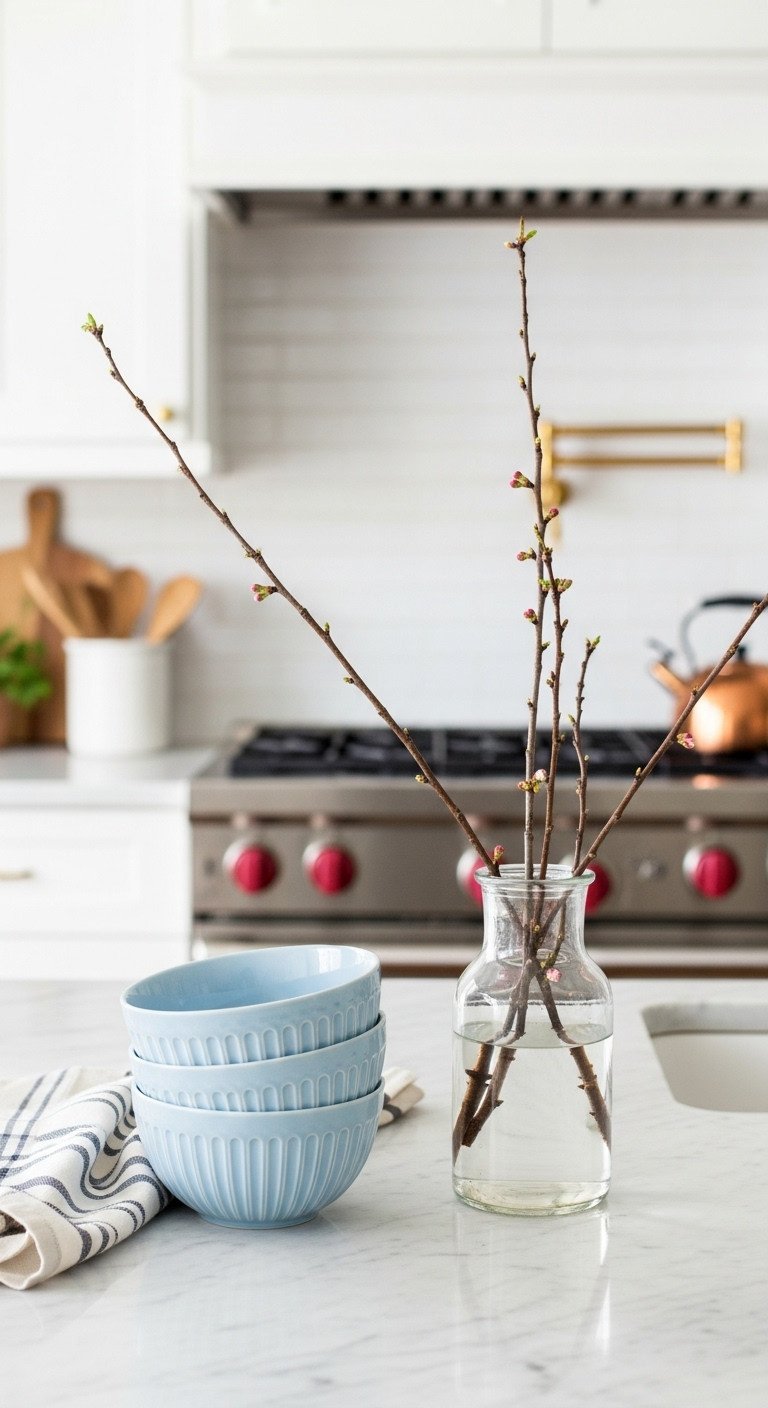 7 January Decor After Christmas Kitchen Ideas For A Cozy Reset 1 Icy blue ceramic bowls and blossom branches on a marble kitchen countertop for winter decor