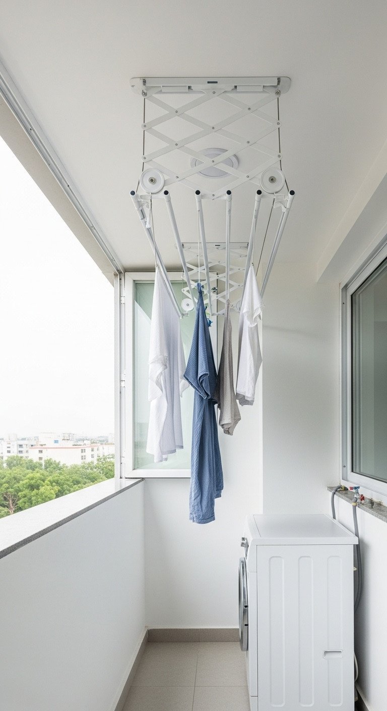 Indian utility balcony with white ceiling-mounted retractable clothes drying rack, clothes hanging, and a washing machine below.