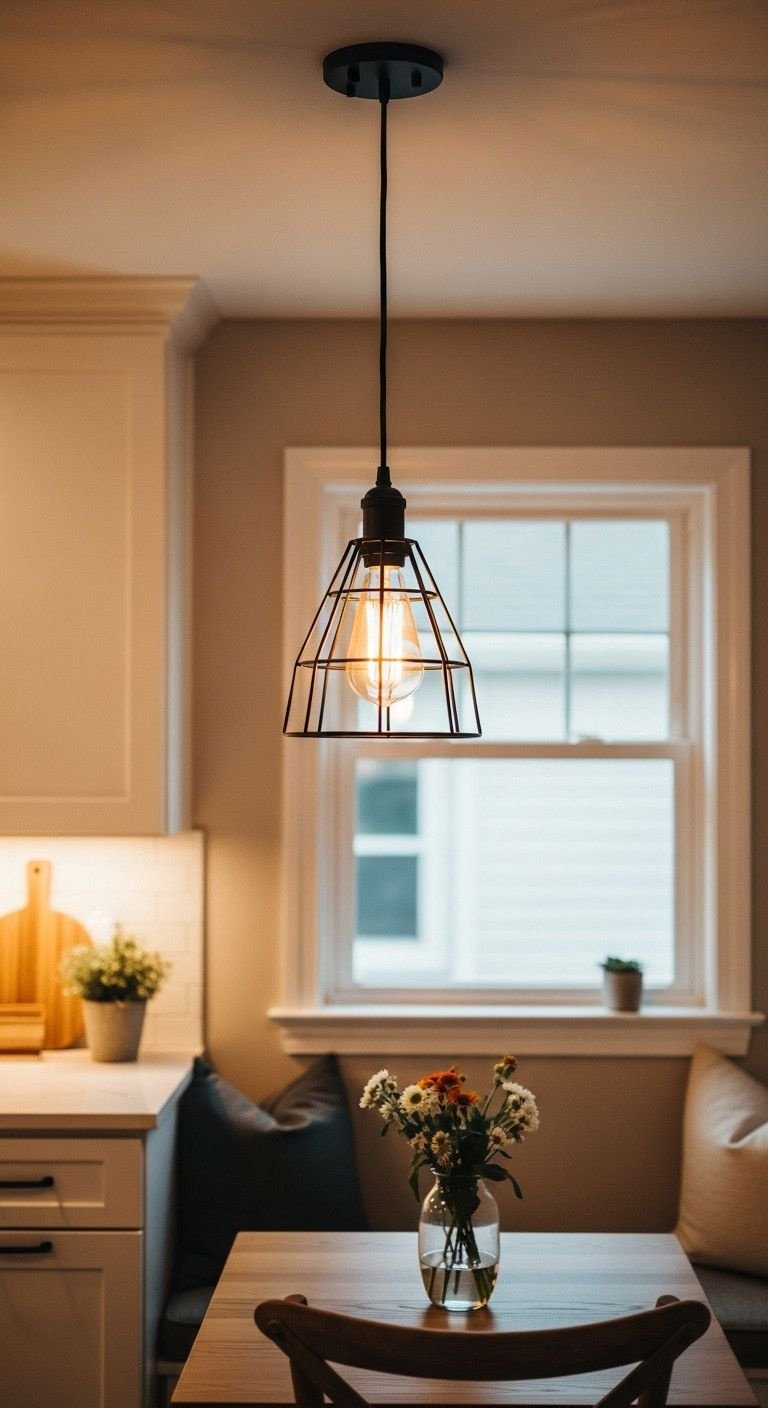 Effortless Farmhouse Kitchen Ideas For Any Apartment 9 Industrial black metal cage plug-in pendant light with an Edison bulb, creating a cozy kitchen nook atmosphere over a table with flowers.