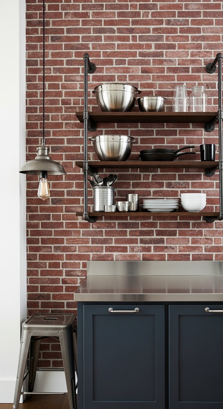 Industrial loft kitchen: dark wood pipe shelving on a brick wall with stainless steel bowls and cast-iron skillet.