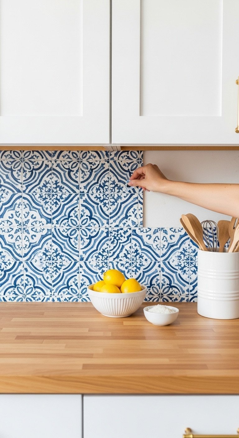 Installing blue and white patterned peel-and-stick tile backsplash over a butcher block counter in a bright DIY kitchen update.