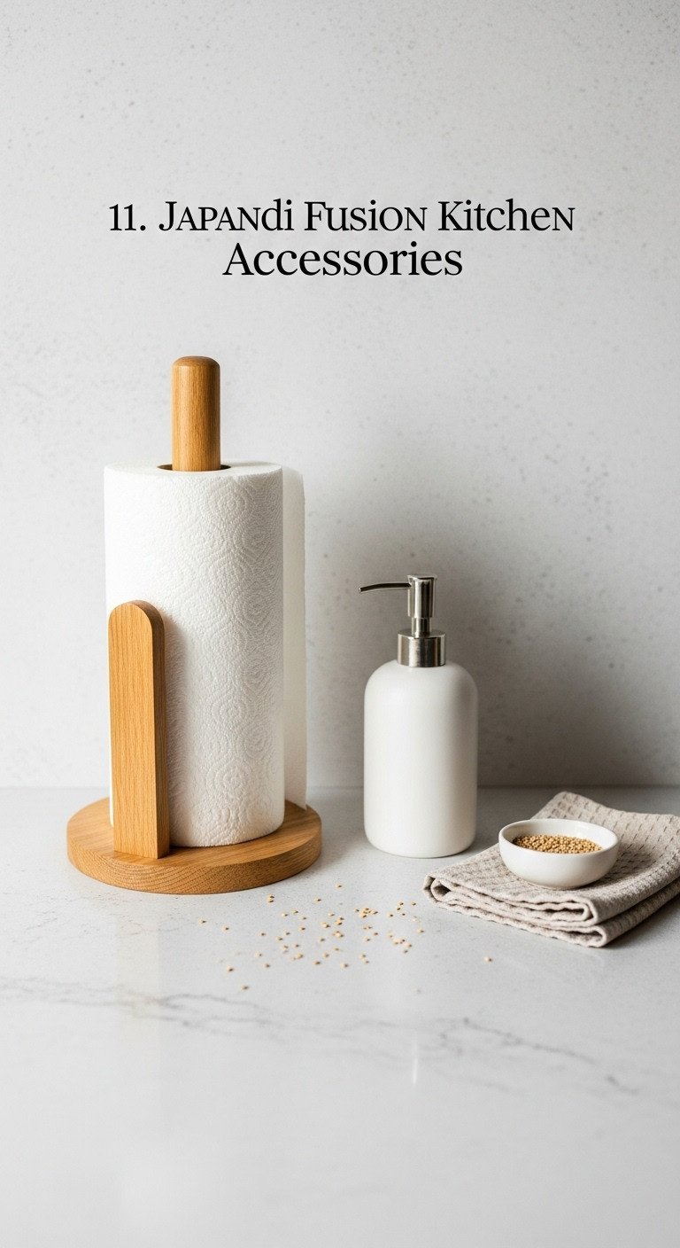 Japandi fusion kitchen accessories with light oak paper towel holder ceramic soap dispenser and linen dishcloth