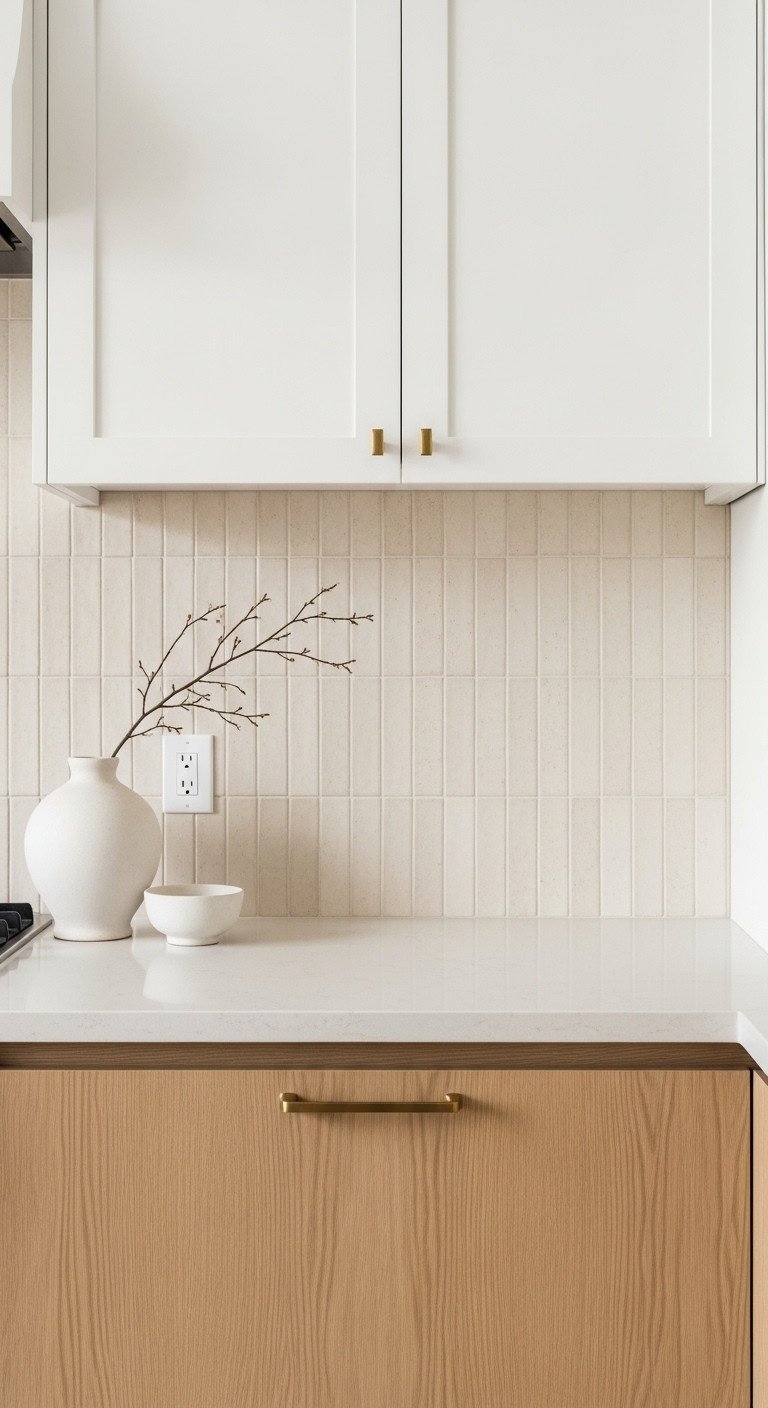 Japandi kitchen backsplash with vertically stacked cream zellige tiles white oak cabinetry taupe quartzite countertop and dry branch vase