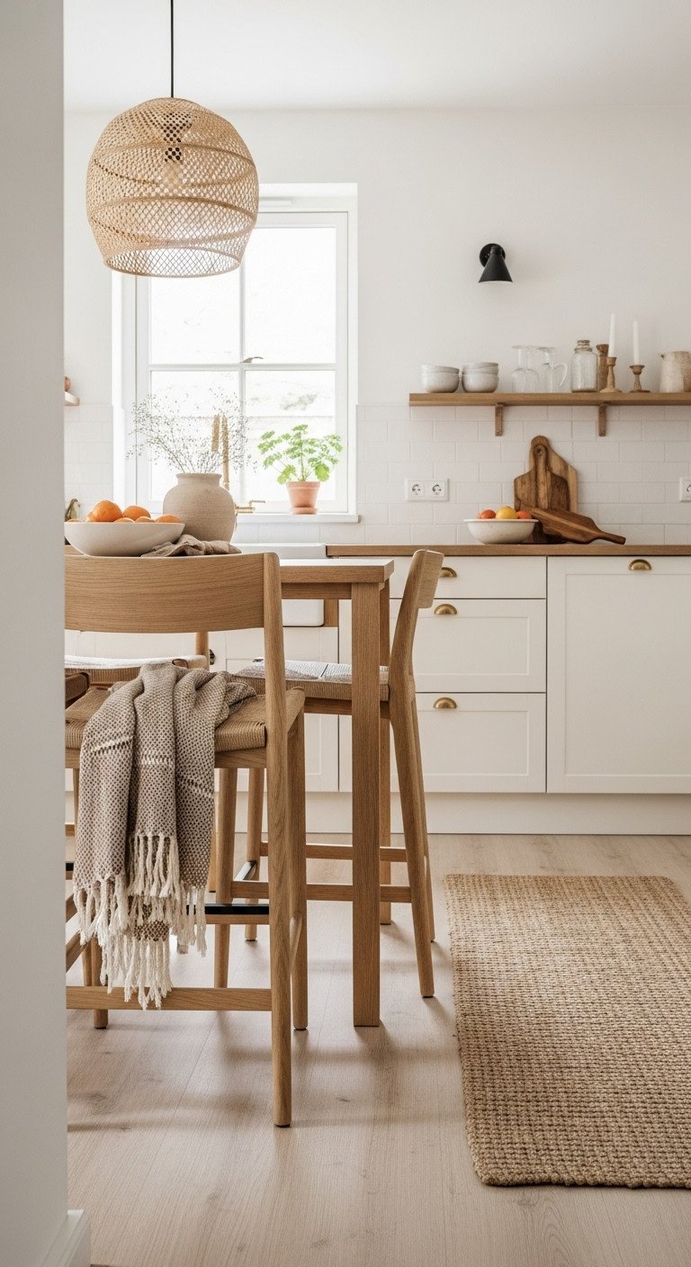 Japandi kitchen corner with light oak counter stools and natural fiber runner