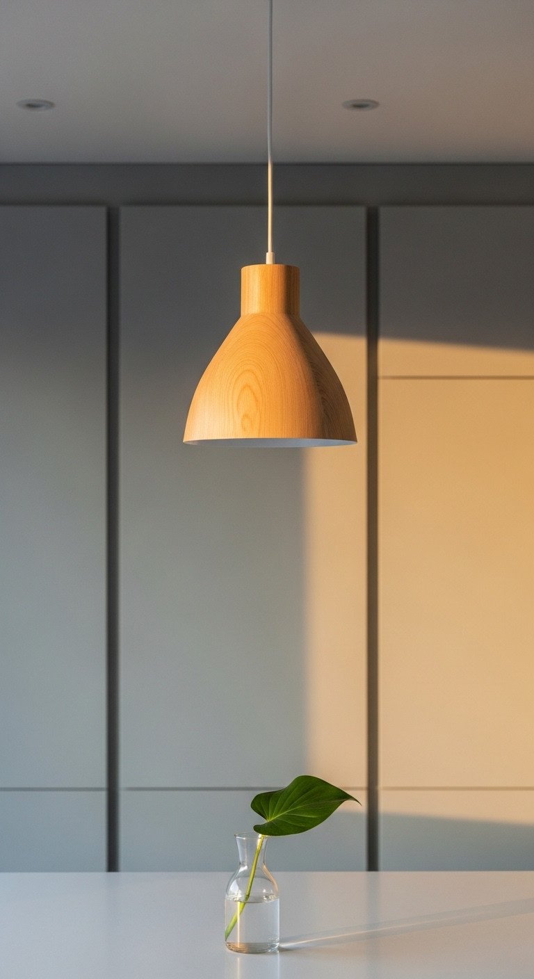 Japandi kitchen design featuring a minimalist light wood pendant light over a clean kitchen island with soft golden hour light