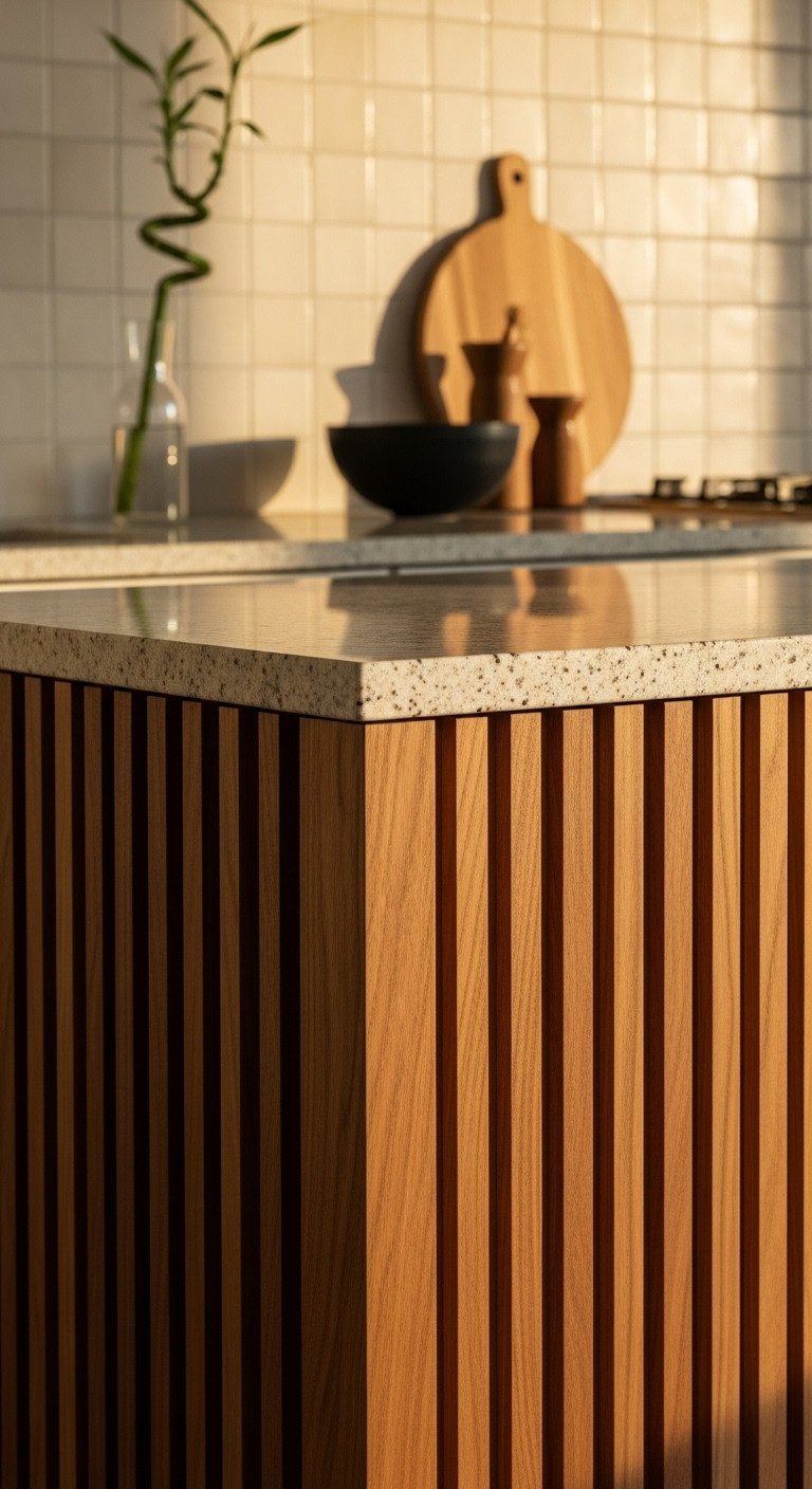 Japandi kitchen island with light granite countertop and American walnut slatted paneling