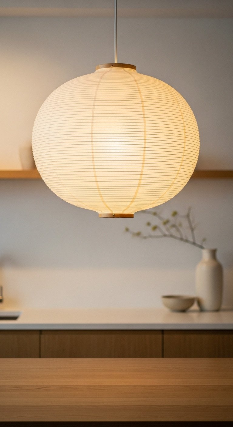 Japandi kitchen with an iconic washi paper lantern pendant light over a minimalist wooden island