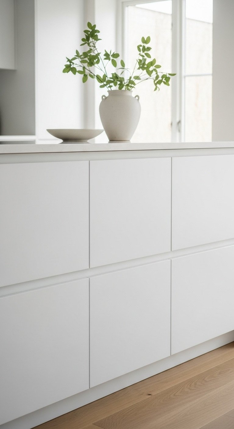 Japandi kitchen with handleless matte white cabinets light oak floor and green branch in ceramic vase on quartz countertop