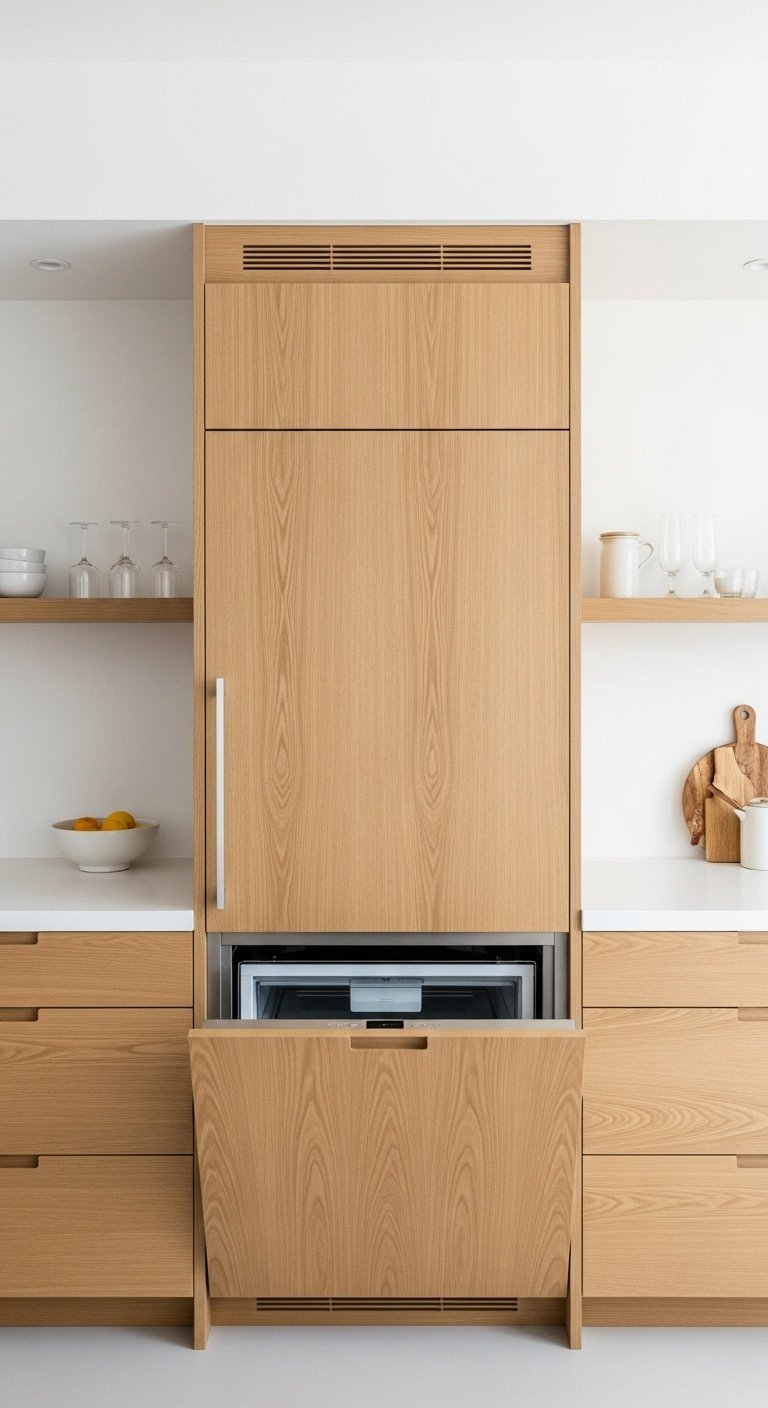 Japandi kitchen with integrated appliances hidden behind light oak cabinet panels a minimalist countertop and bright airy daylight