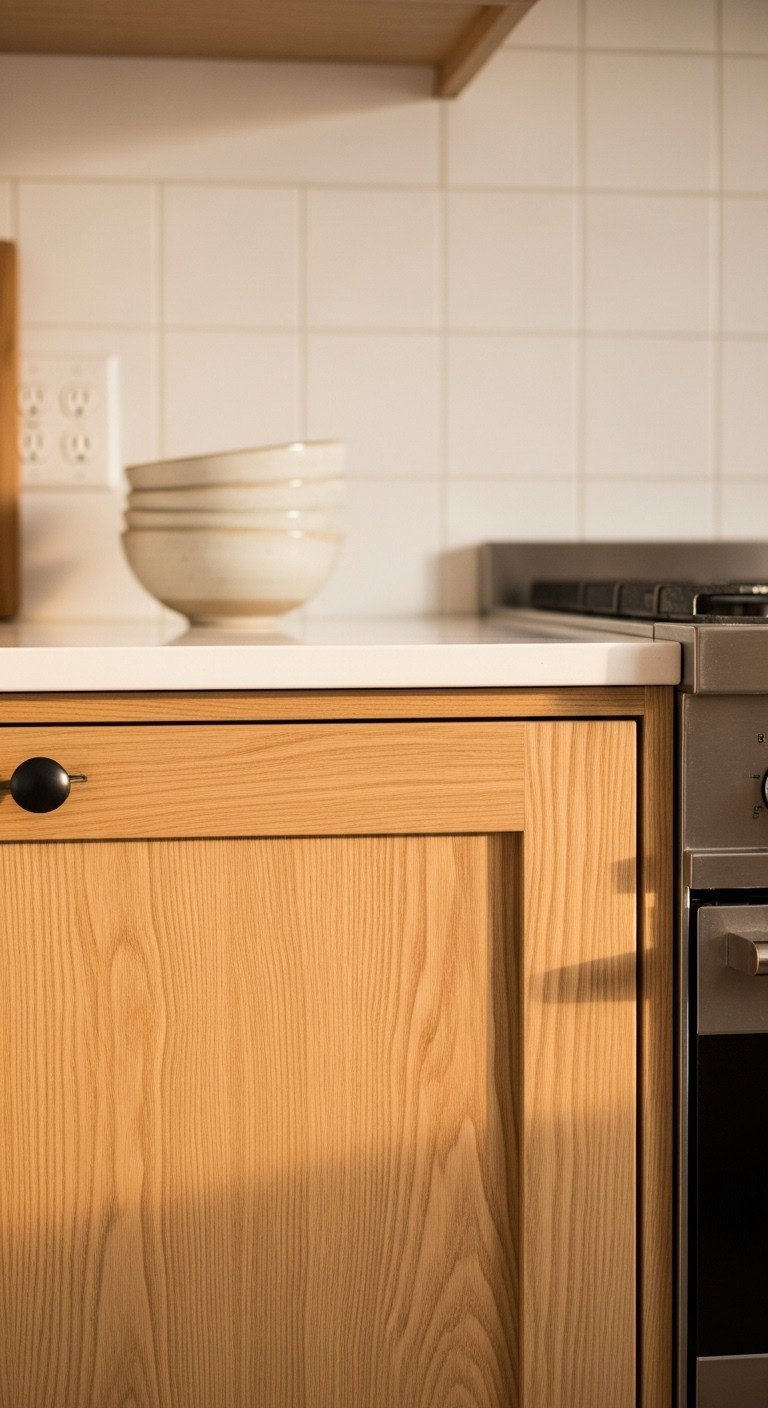 Japandi kitchen with light oak cabinets natural wood grain white tile backsplash and stacked ceramic bowls in warm golden hour light