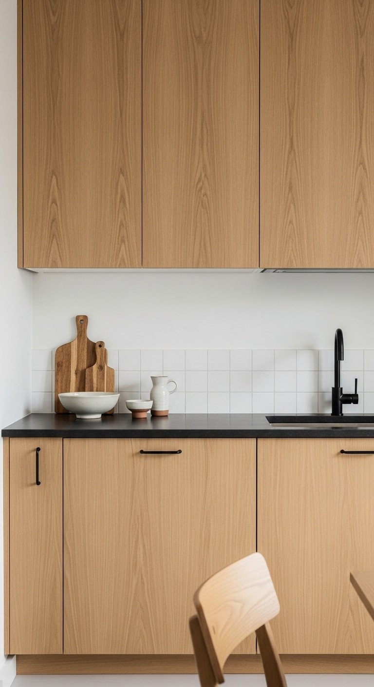 Japandi kitchen with light oak cabinets white ceramic backsplash and dark charcoal gray countertop