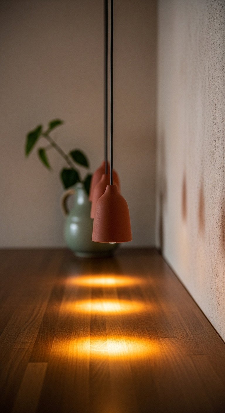 Japandi kitchen with three sand-colored ceramic bell pendants over a wooden counter casting warm light