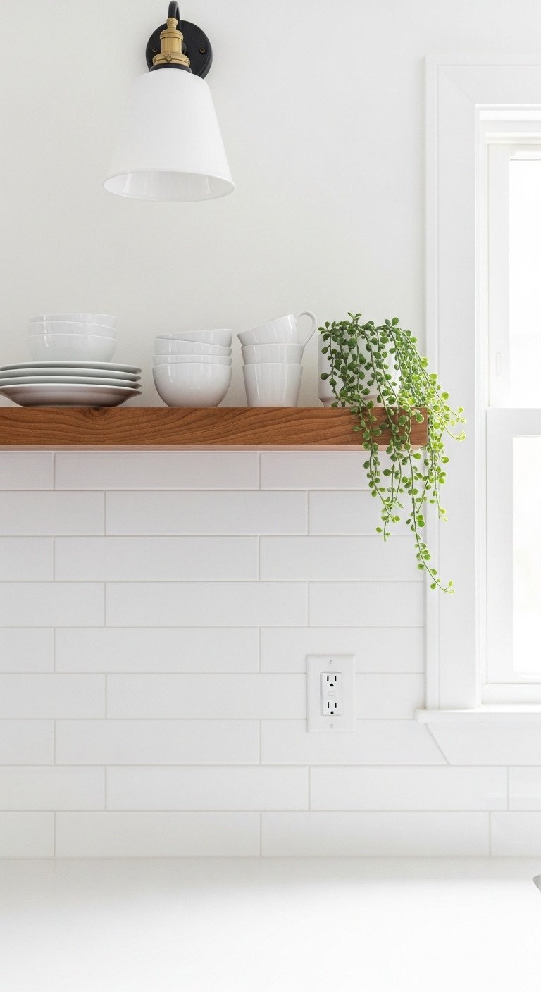 Japanese-inspired kitchen backsplash with large-format white tile and thick acacia wood floating shelf with white ceramics and green plant