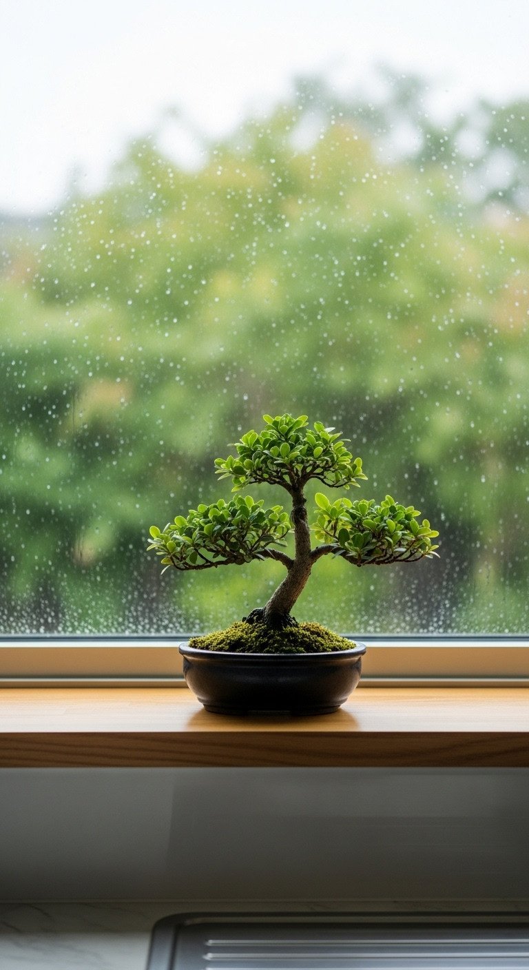 Japanese inspired kitchen connecting with nature featuring an elegant bonsai tree on a light wood windowsill with soft natural light