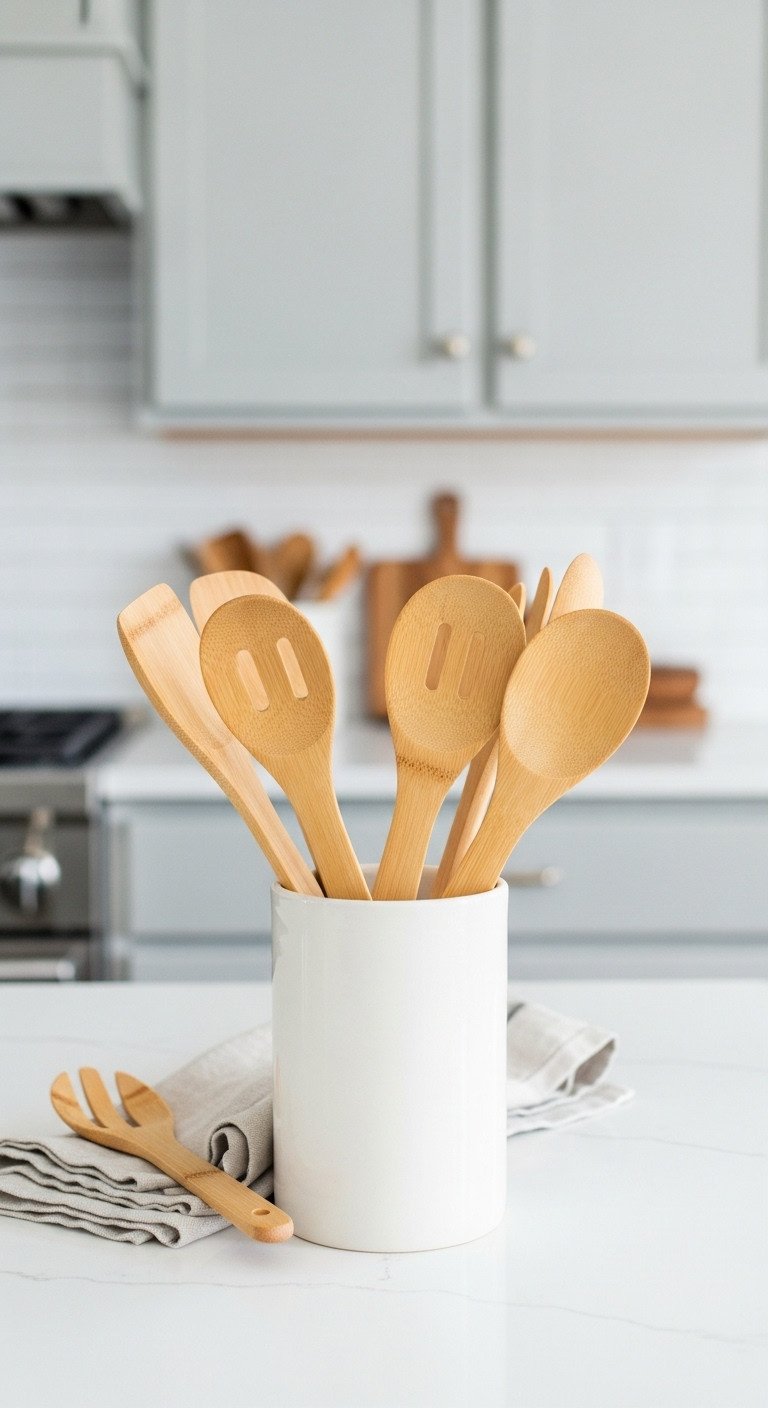 Japanese kitchen design featuring natural wood cooking utensils in a ceramic holder on a white quartz countertop