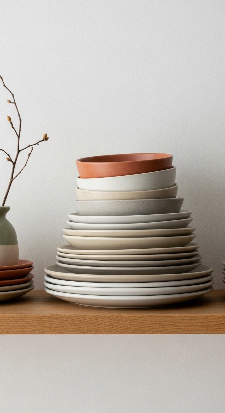 Japanese kitchen design showcasing a muted, earthy color palette with matte ceramic plates and bowls on an open wooden shelf