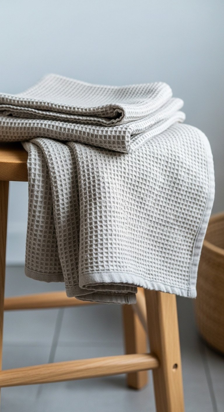 Japanese kitchen featuring natural fabrics with neatly folded waffle weave linen kitchen towels draped over a wooden stool