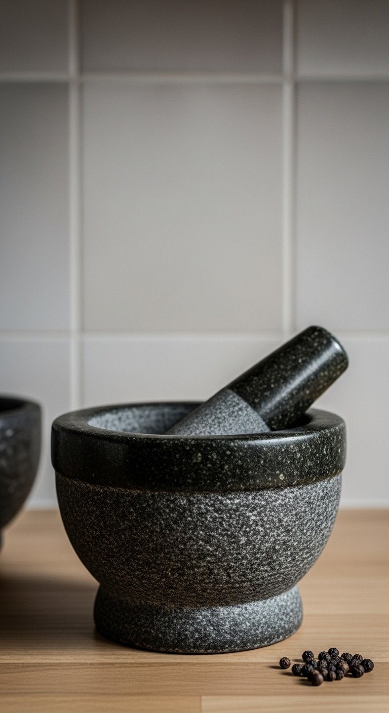 Japanese kitchen featuring stone accents with a black granite mortar and pestle on a light wood countertop