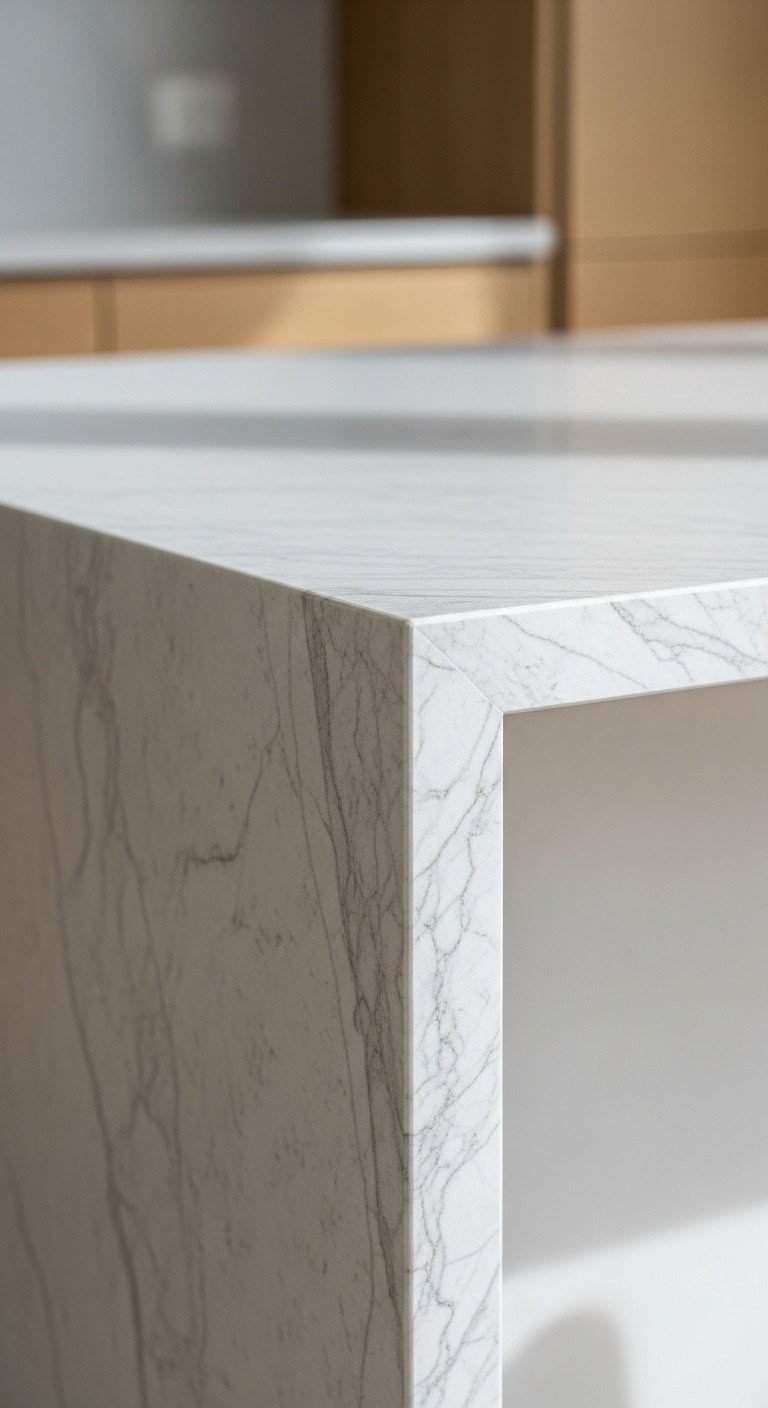 Japanese kitchen island clad in light-toned Dekton with subtle gray veining and waterfall edge