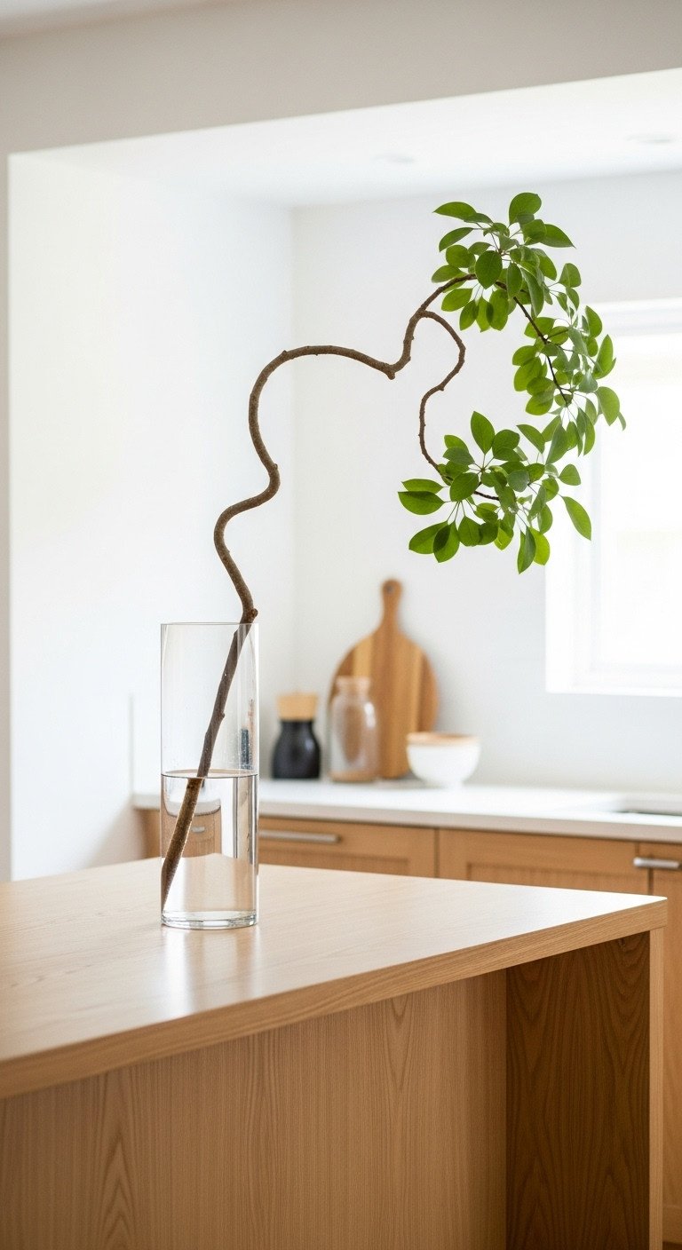 Japanese kitchen island integrating indoor plants with a sculptural green branch in a glass vase