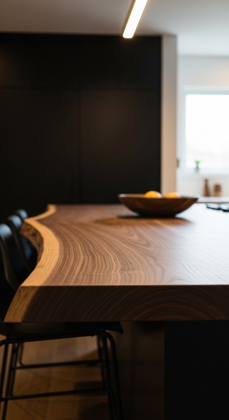 Japanese kitchen island with a stunning live edge American walnut countertop and matte black cabinets