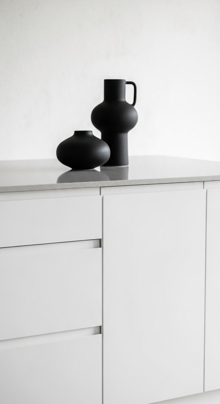 Japanese kitchen island with clean lines, seamless white cabinetry, light gray quartz, and sculptural black vase