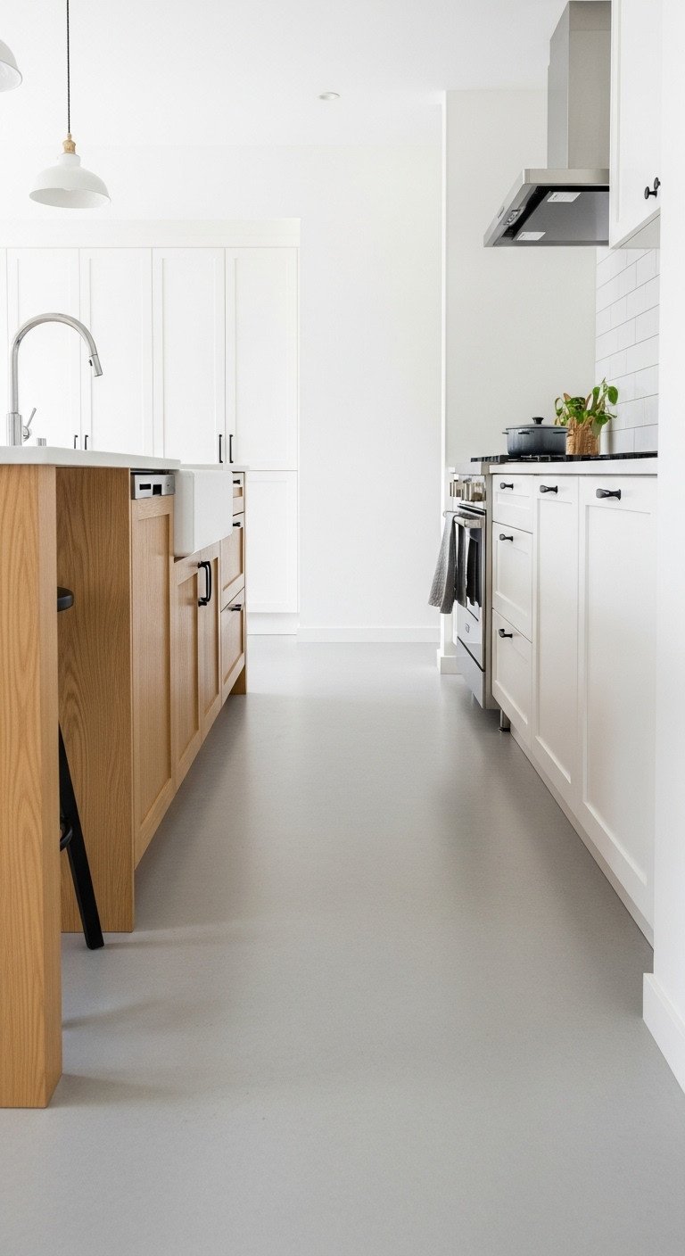 Japanese kitchen island with functional layout and wide walkway between light oak island and white cabinets