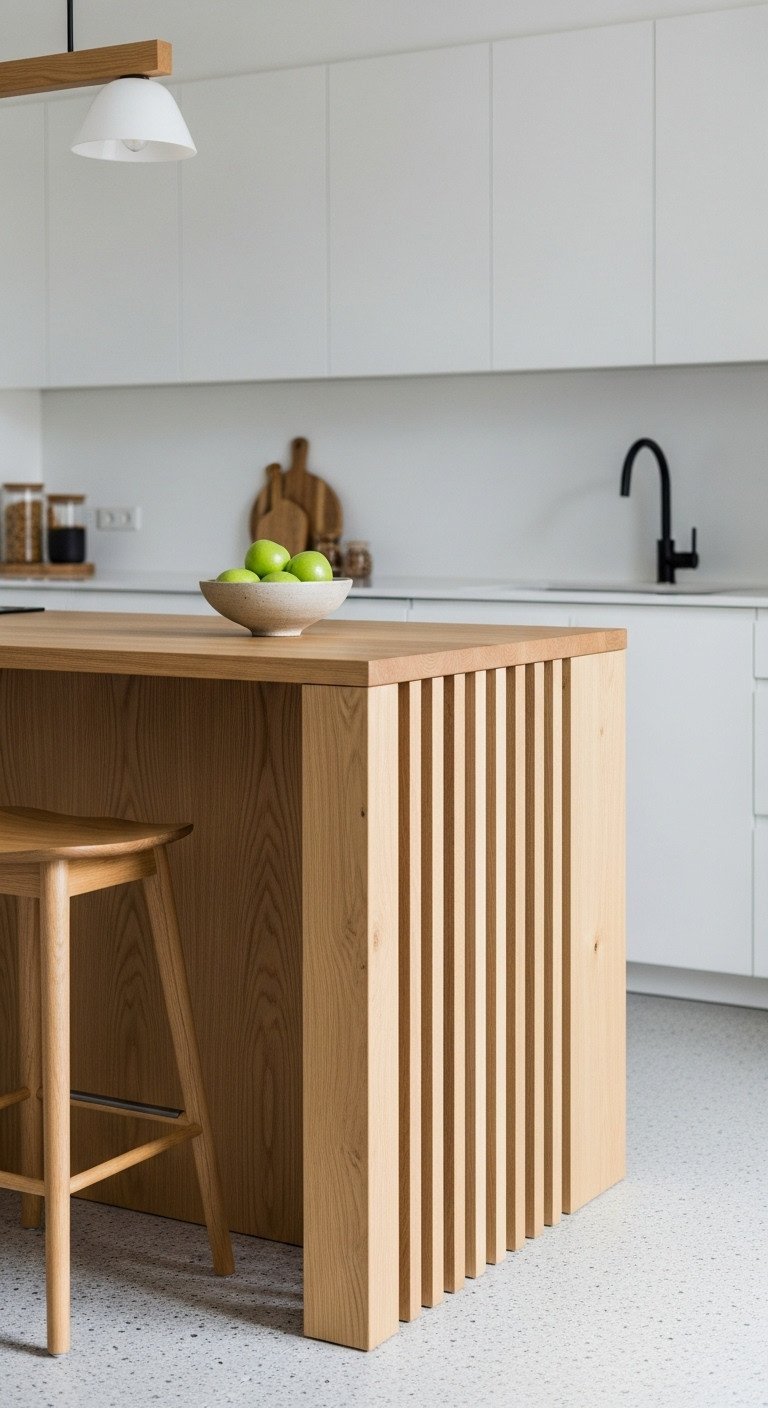 Japanese kitchen island with light oak wood tones white cabinets and ceramic bowl with green apples