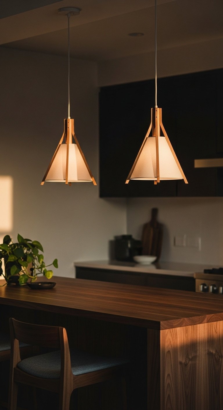 Japanese kitchen island with minimalist light wood and white paper pendant lights over a dark walnut island