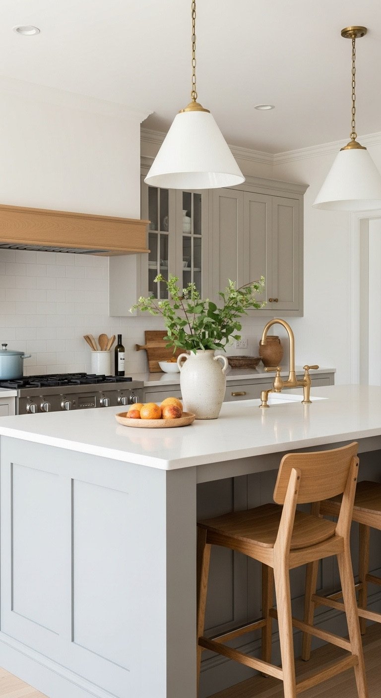 Japanese kitchen island with neutral color palette of pale gray creamy white and light wood cabinetry