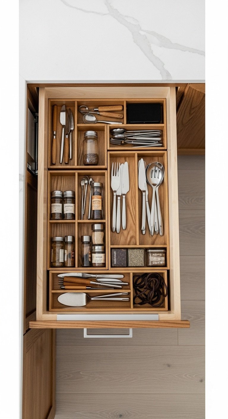 Japanese kitchen island with smart hidden storage in a dark oak pull-out drawer showing organized spices and utensils