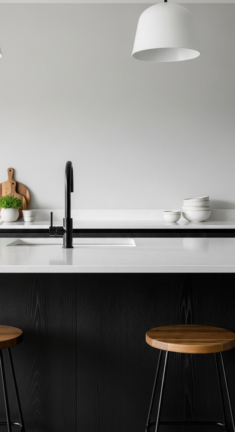 Japanese kitchen island with striking black and white balance featuring dark oak and white quartz