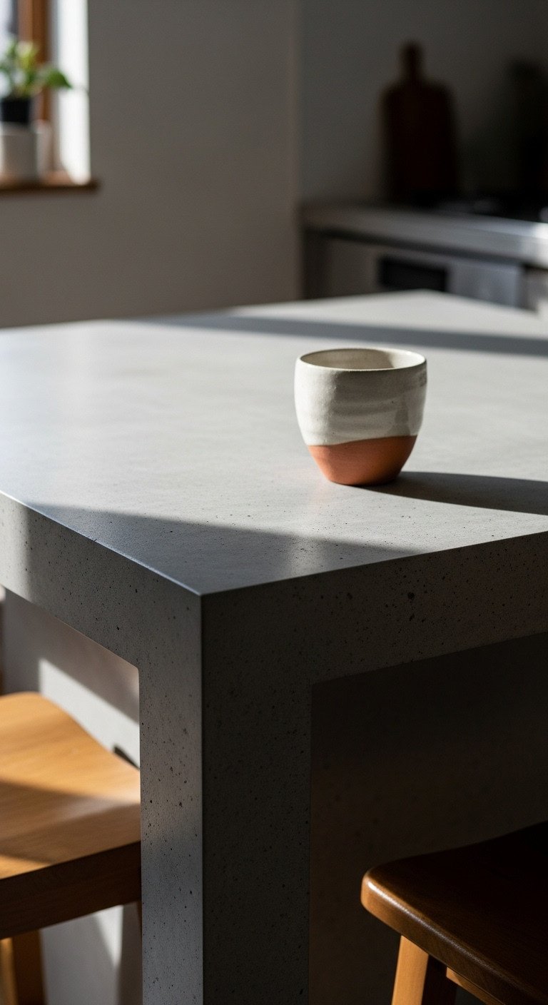 Japanese kitchen island with wabi-sabi textured concrete countertop and handmade ceramic cup