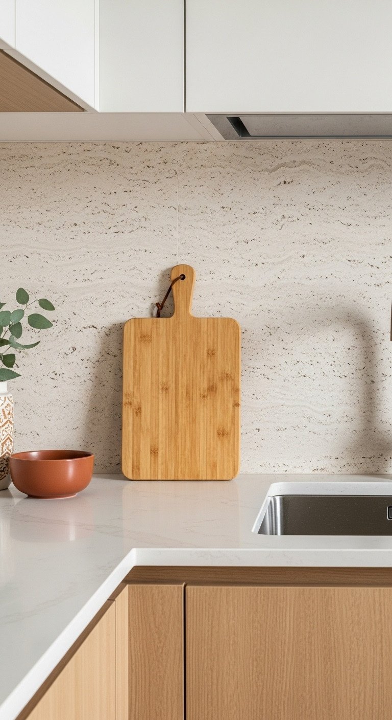 Japanese kitchen with light wood cabinet textured cream stone backsplash and bamboo cutting board showcasing natural materials