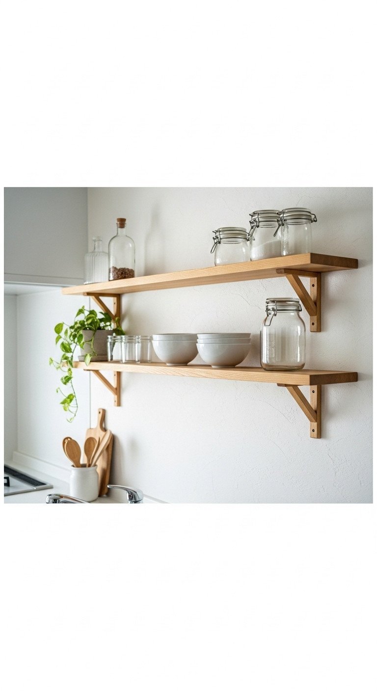 Japanese kitchen with minimalist open floating shelf white ceramic bowls green plant and glass jars in soft natural light