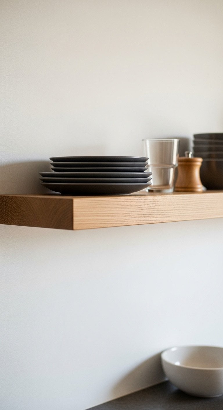 Japanese kitchen with thick natural oak floating shelf dark gray stoneware plates glass and salt cellar in golden hour light