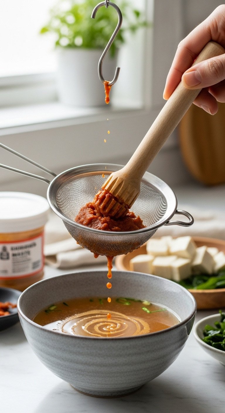 Japanese miso strainer with wooden muddler pressing red miso paste into dashi broth in a ceramic bowl in natural light
