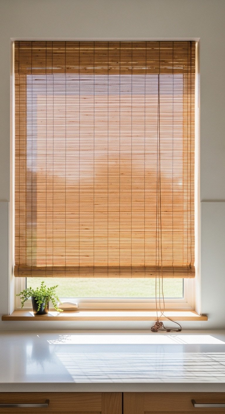 Japanese style kitchen with a bamboo roll up blind filtering light and creating patterns