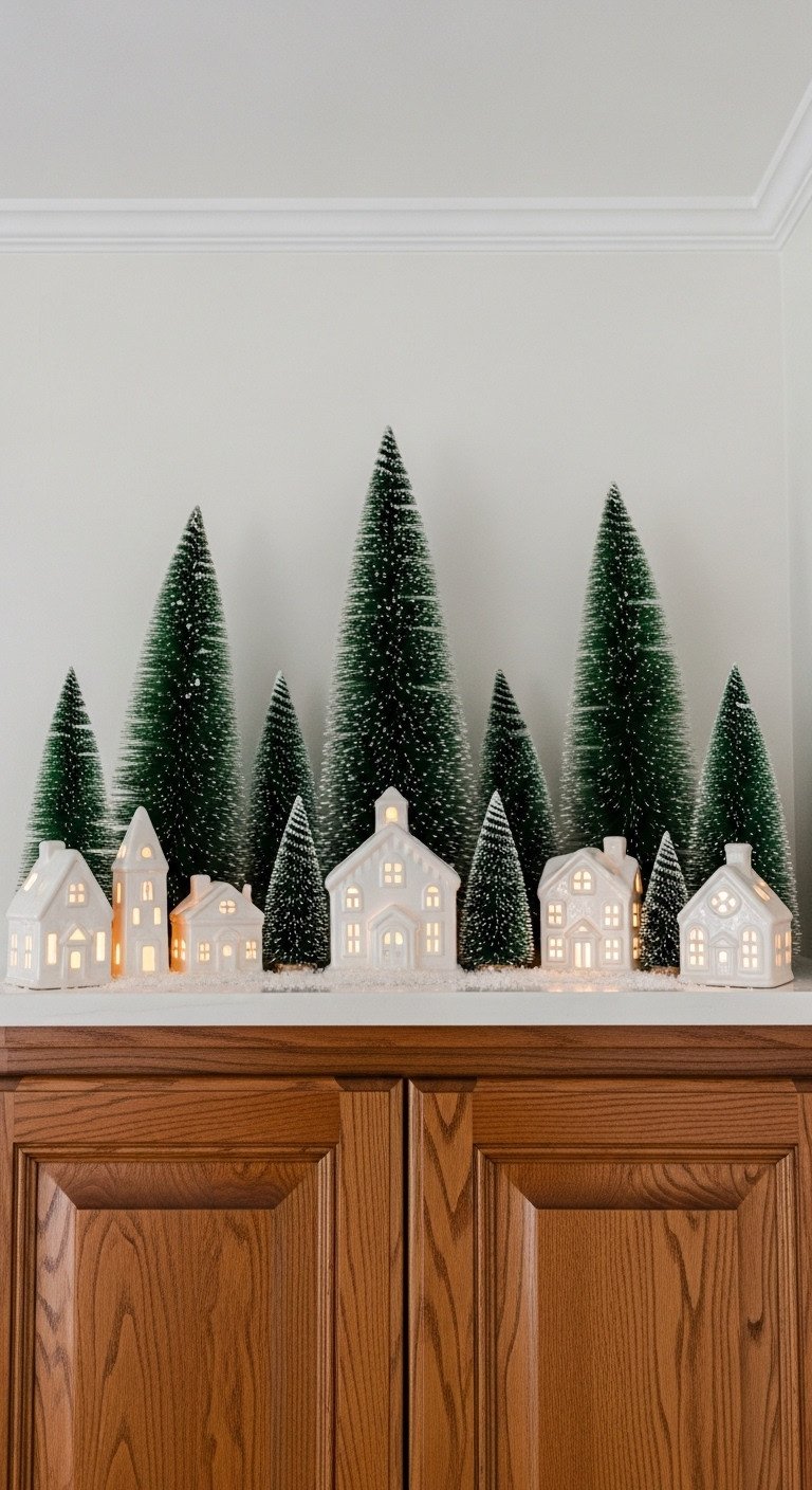 Kitchen Christmas village scene above cabinets illuminated ceramic houses bottlebrush trees faux snow warm cozy light