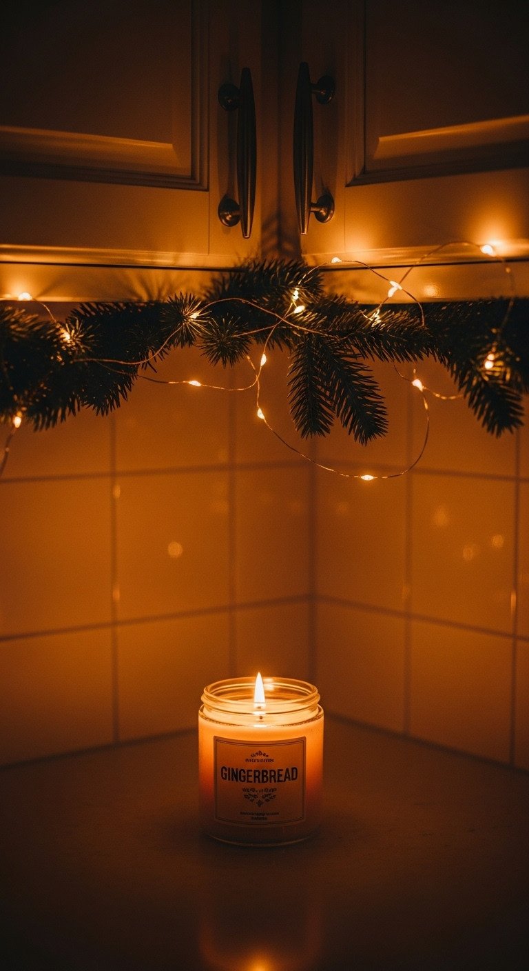 Kitchen at dusk with festive lighting fairy lights woven through garland and gingerbread scented candle