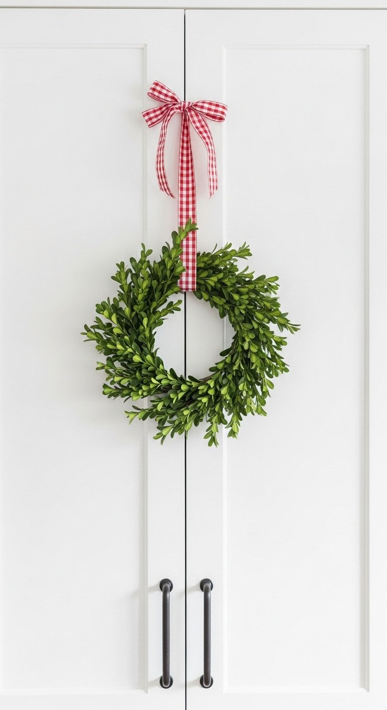 Kitchen cabinet decor with small boxwood wreath and red gingham ribbon on white shaker door