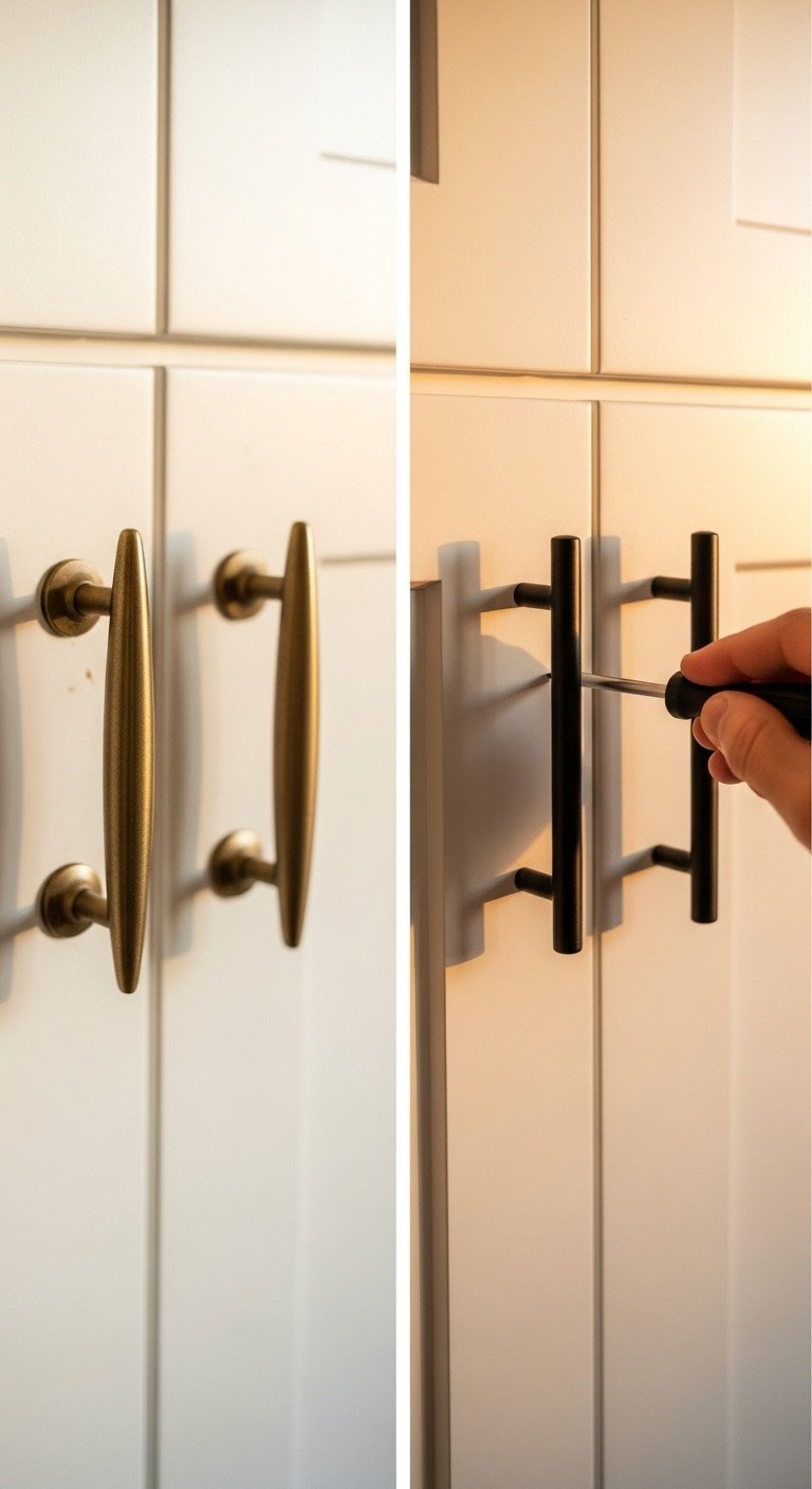 Kitchen cabinet door before and after with dated brass knob versus new sleek matte black bar pull being installed by hand with screwdriver