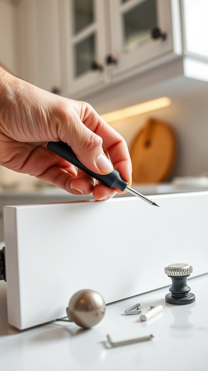 9 Brilliant Diy Apartment Kitchen Ideas That Are Damage Free 4 Kitchen cabinet door with matte sage green removable wallpaper and modern brass knob, white backsplash, marble counter.