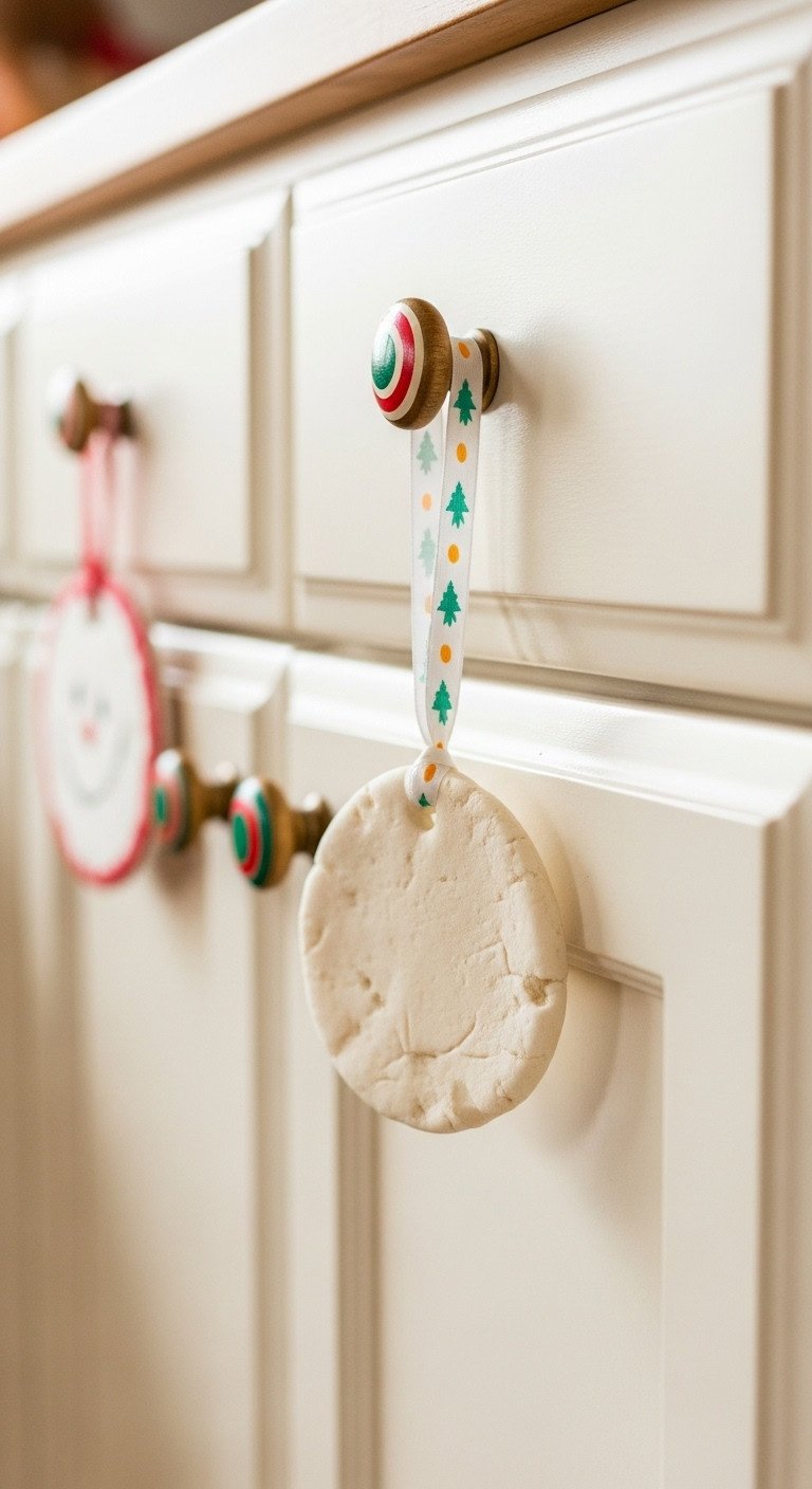 Kitchen cabinet knob childs handmade salt dough ornament simple ribbon soft natural light nostalgic bokeh