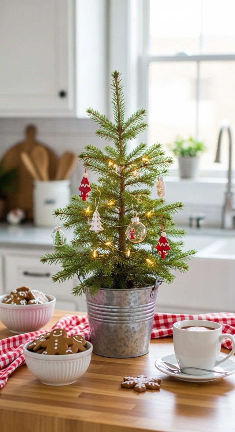 Kitchen counter corner tabletop Christmas tree galvanized bucket mini ornaments fairy lights gingerbread cookies cocoa