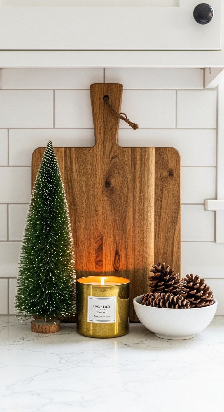 Kitchen counter decor: rustic wooden cutting board, bottle brush tree, brass candle, pinecones. Cozy holiday feel.