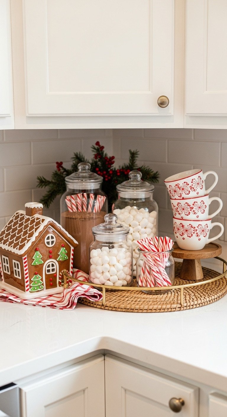 Kitchen counter hot chocolate bar with gingerbread house jar marshmallows and peppermint sticks on tray