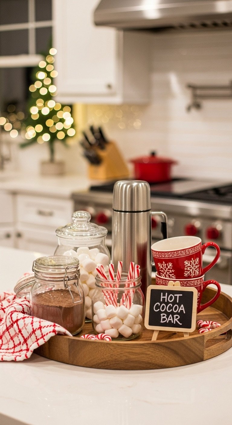 Kitchen counter hot cocoa station festive tray marshmallows peppermint mugs Christmas lights chalkboard sign